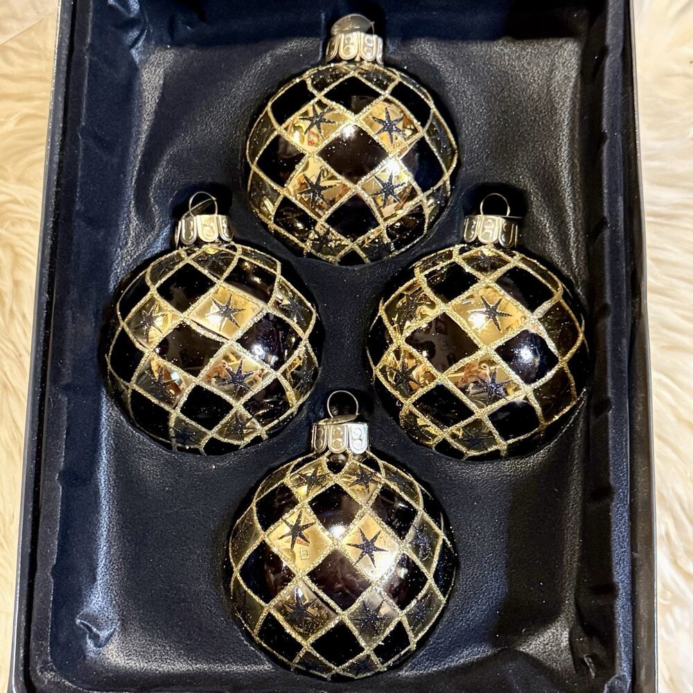 Christopher Radko Celebrations Box Of 4 Black Gold Harlequin Christmas Ornaments